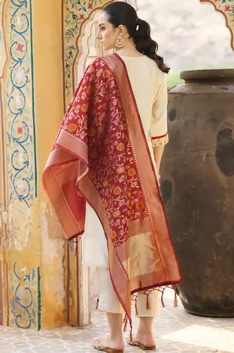 Cream embroidered blend silk salwar suit