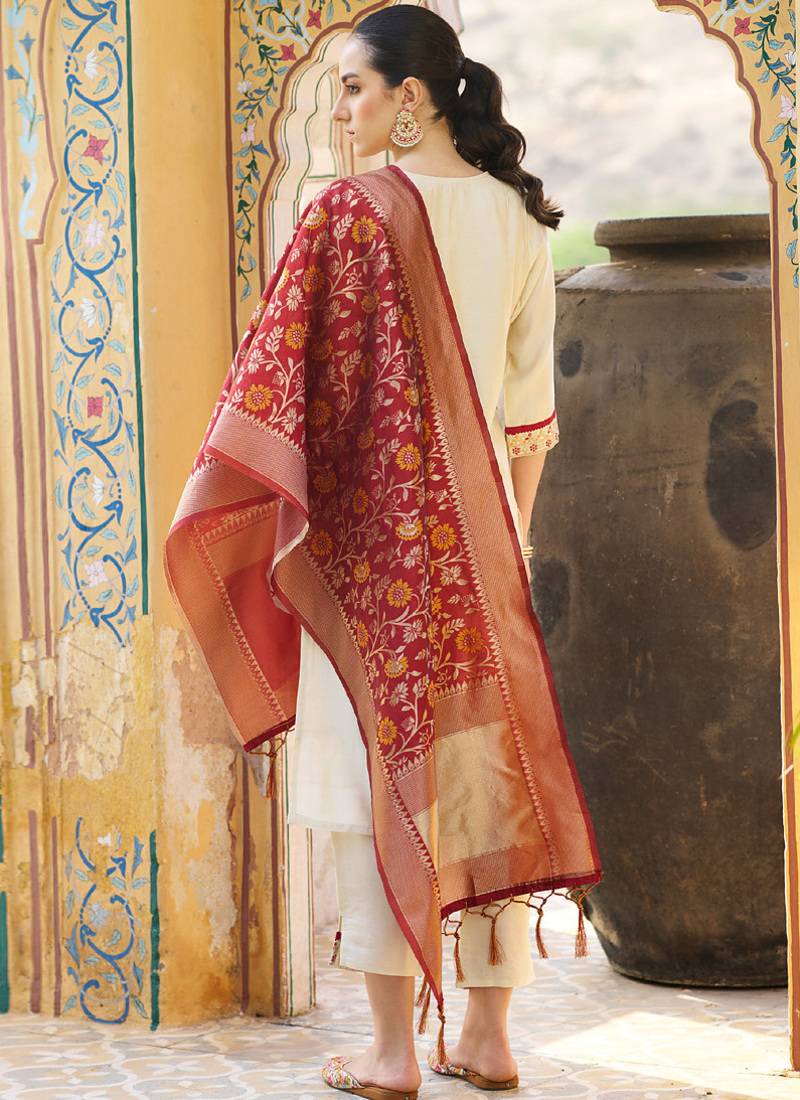 Cream embroidered blend silk salwar suit