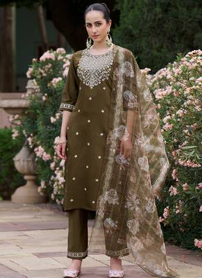 Brown embroidered viscose rayon salwar suit 1