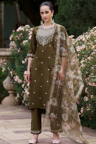 Brown embroidered viscose rayon salwar suit