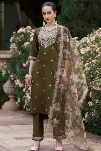 Brown embroidered viscose rayon salwar suit
