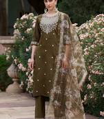 Brown embroidered viscose rayon salwar suit