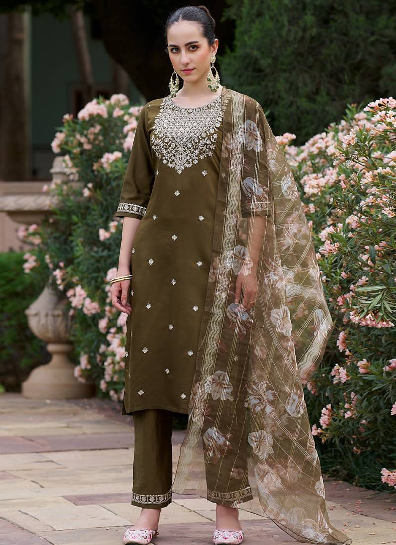 Brown embroidered viscose rayon salwar suit