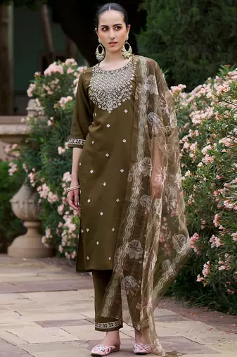 Brown embroidered viscose rayon salwar suit