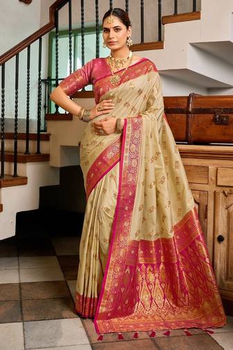 Beige floral print silk blend paithani saree with blouse