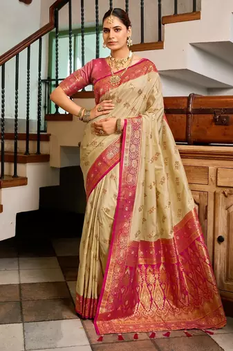 Beige floral print silk blend paithani saree with blouse