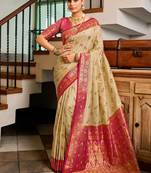 Beige floral print silk blend paithani saree with blouse