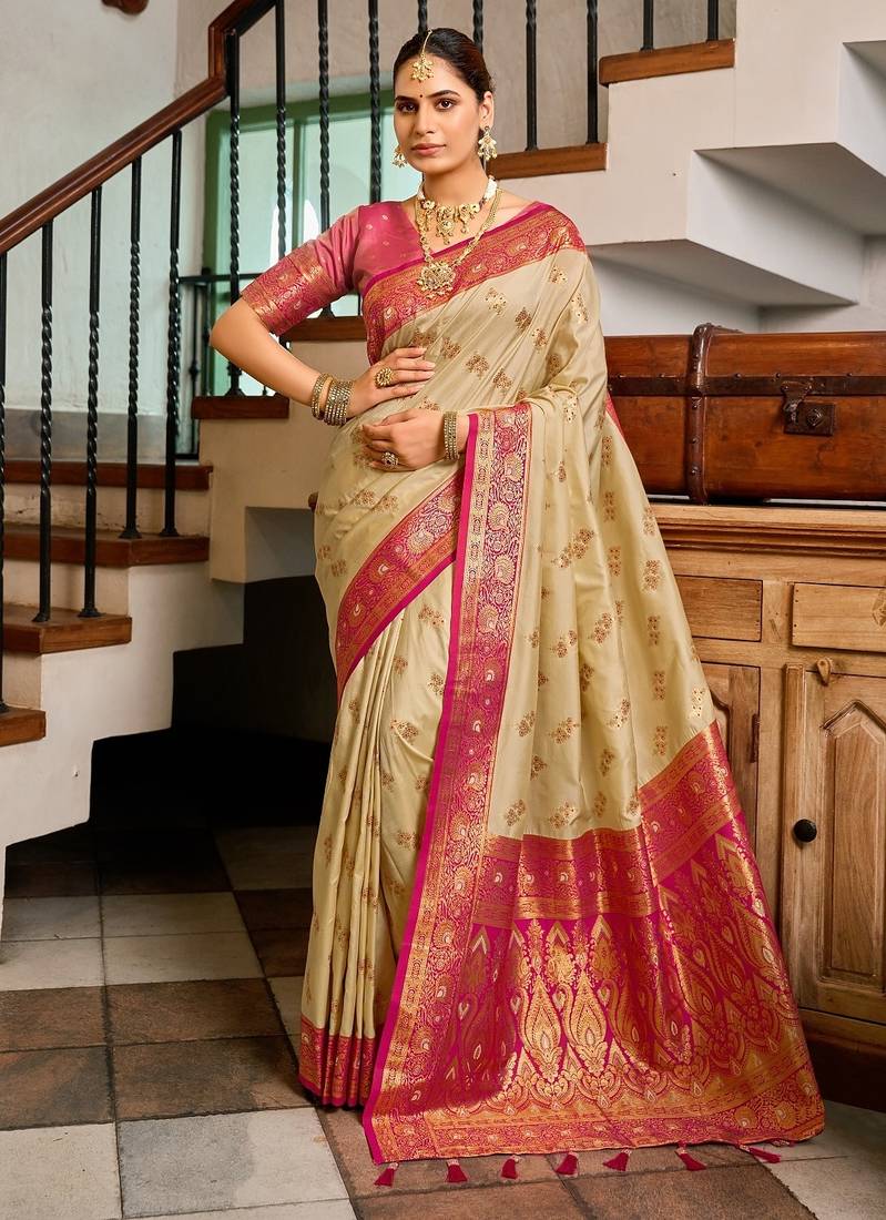 Beige floral print silk blend paithani saree with blouse