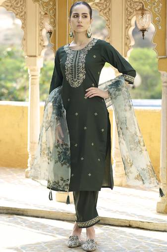 Dark-green embroidered viscose rayon salwar suit