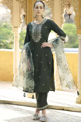 Dark-green embroidered viscose rayon salwar suit