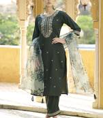 Dark-green embroidered viscose rayon salwar suit