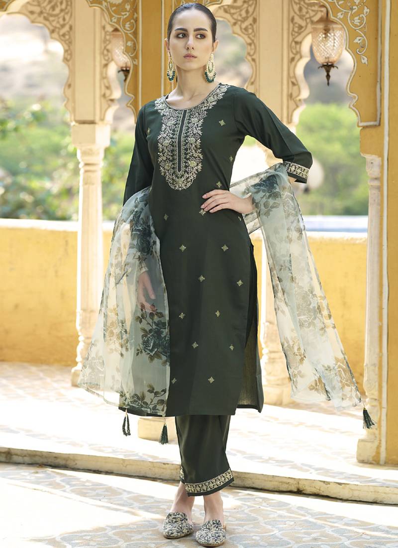 Dark-green embroidered viscose rayon salwar suit