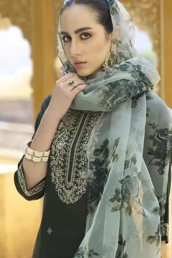 Dark-green embroidered viscose rayon salwar suit