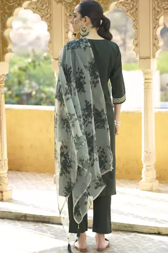 Dark-green embroidered viscose rayon salwar suit