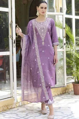 Light-purple embroidered blend silk salwar suit