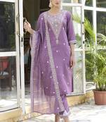 Light-purple embroidered blend silk salwar suit