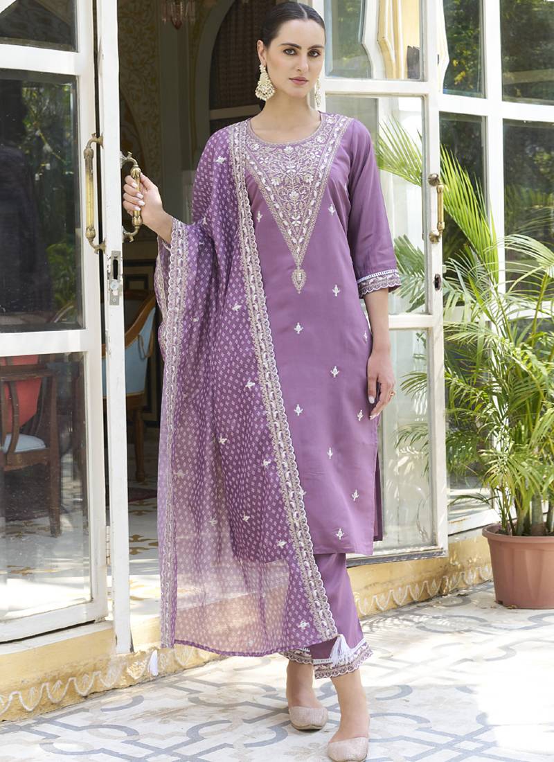 Light-purple embroidered blend silk salwar suit