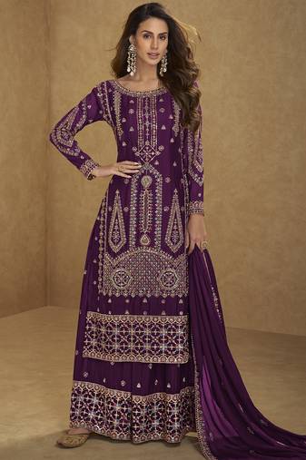 Wine embroidered chinon silk salwar suit