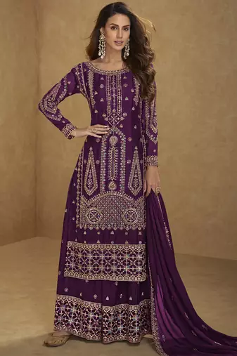 Wine embroidered chinon silk salwar suit