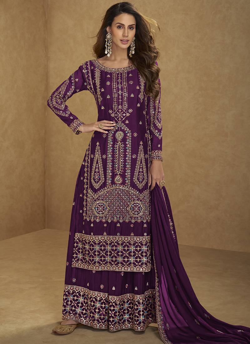 Wine embroidered chinon silk salwar suit
