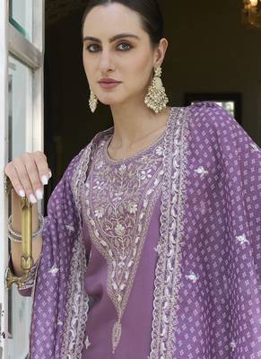 Light-purple embroidered blend silk salwar suit 2