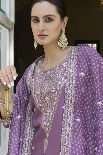 Light-purple embroidered blend silk salwar suit