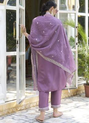 Light-purple embroidered blend silk salwar suit 3