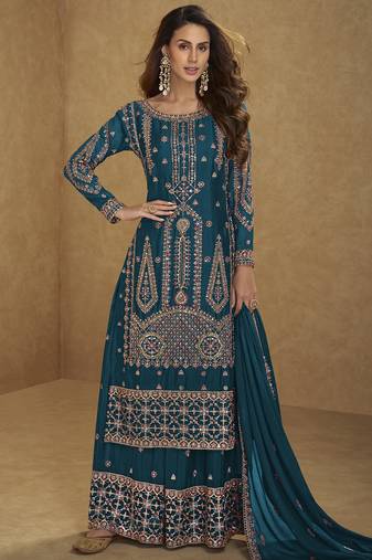 Dark-blue embroidered chinon silk salwar suit