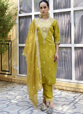 Mehendi embroidered blend silk salwar suit 1