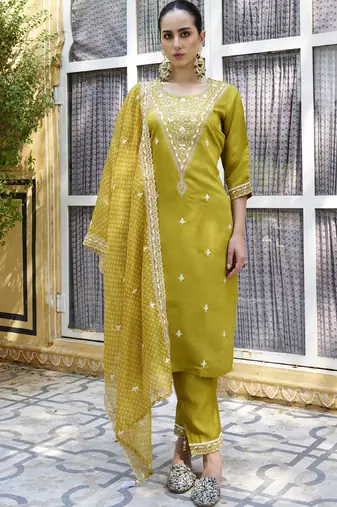 Mehendi embroidered blend silk salwar suit