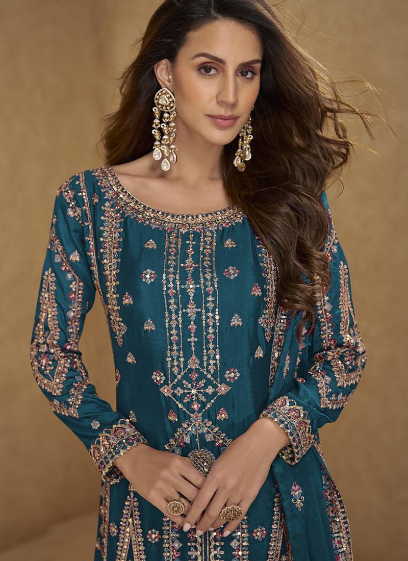 Dark-blue embroidered chinon silk salwar suit