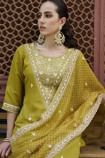Mehendi embroidered blend silk salwar suit