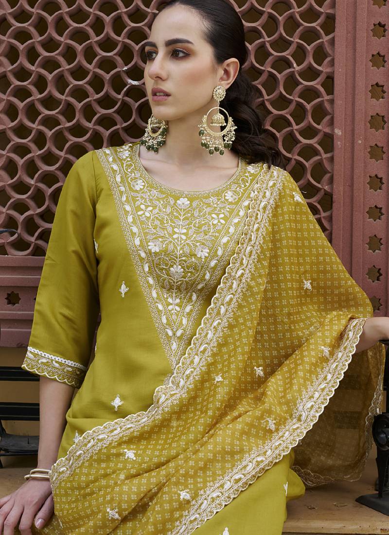 Mehendi embroidered blend silk salwar suit