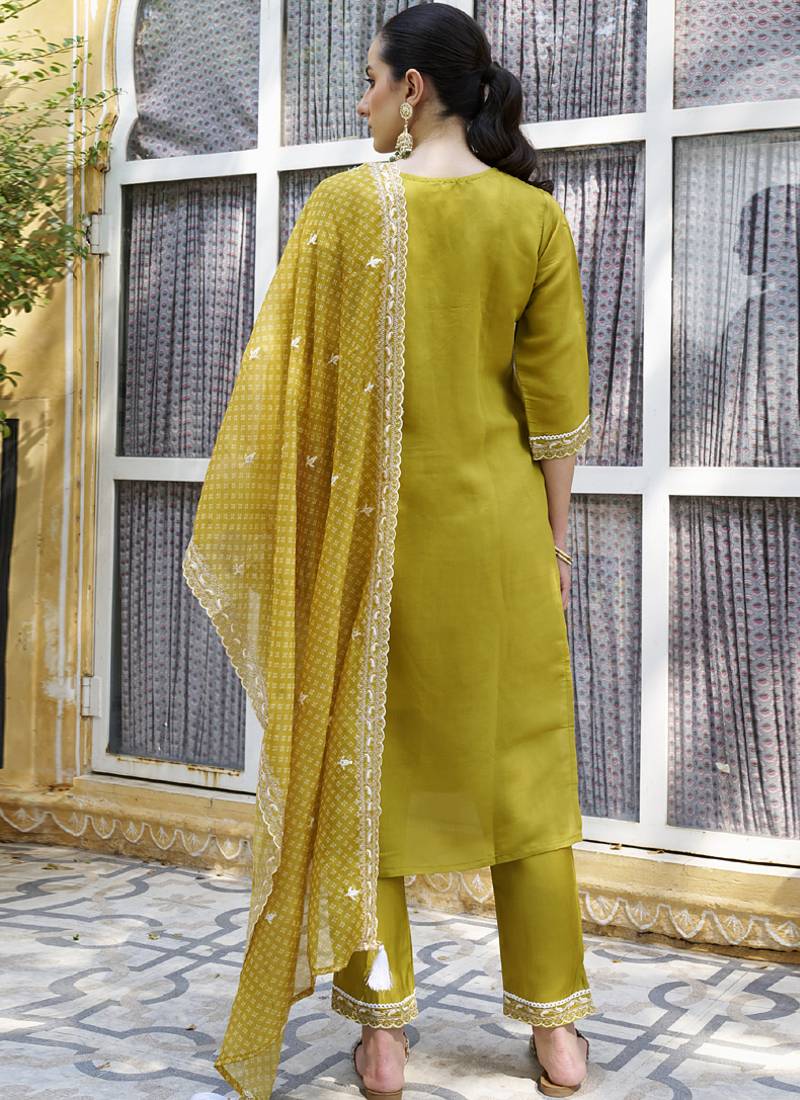 Mehendi embroidered blend silk salwar suit