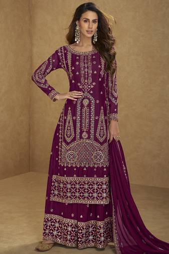 Dark-pink embroidered chinon silk salwar suit