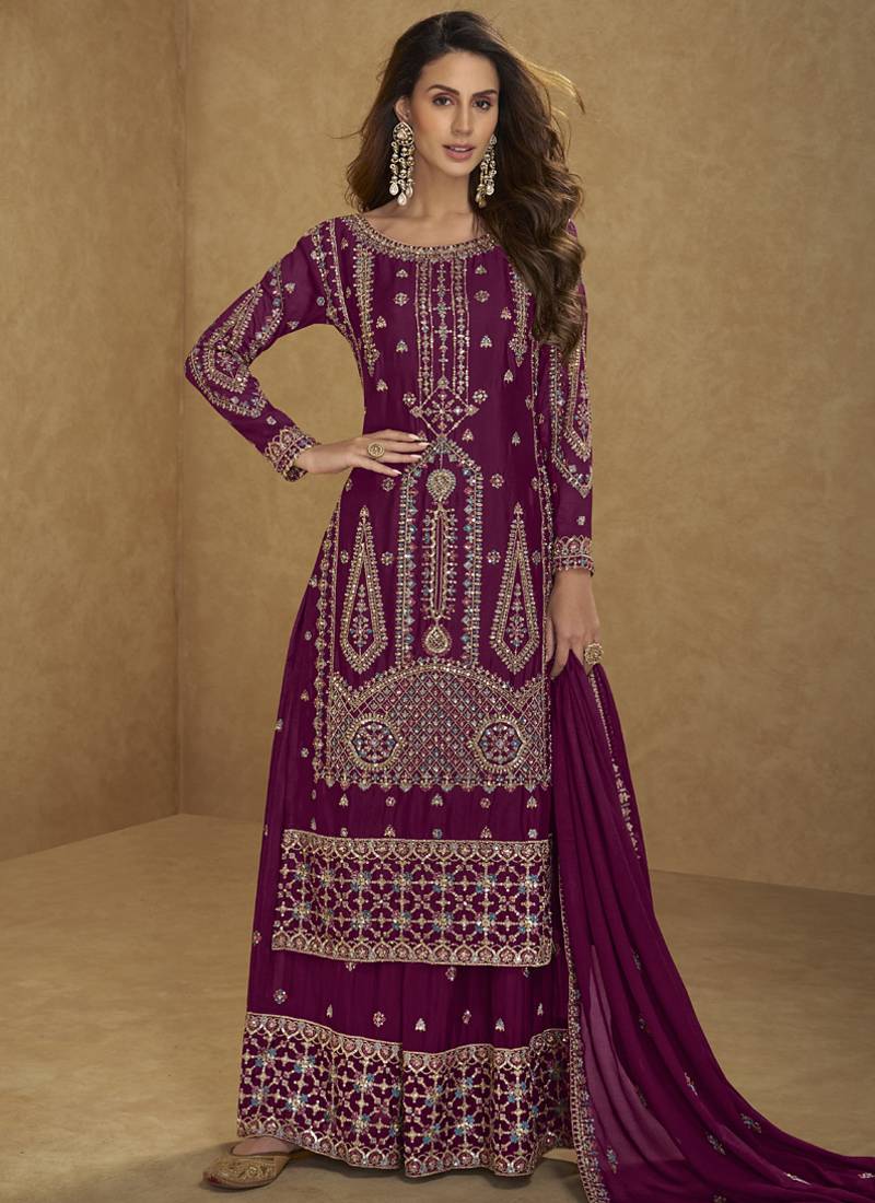 Dark-pink embroidered chinon silk salwar suit