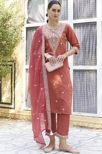 Red embroidered blend silk salwar suit