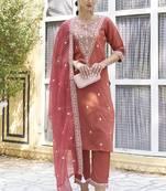 Red embroidered blend silk salwar suit