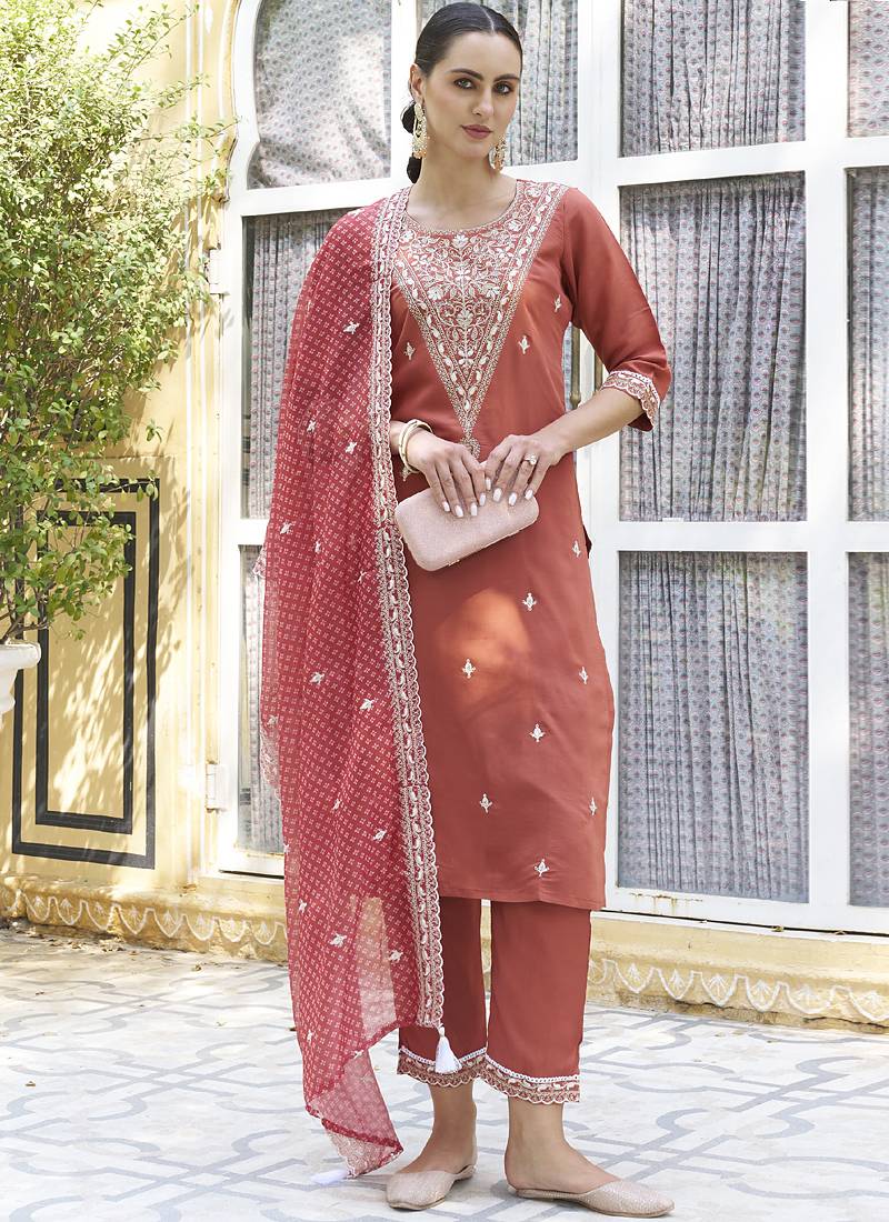 Red embroidered blend silk salwar suit