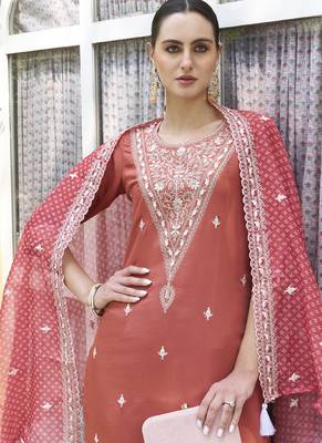 Red embroidered blend silk salwar suit 2