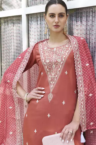Red embroidered blend silk salwar suit