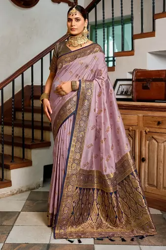 Lavender floral print silk blend paithani saree with blouse