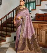 Lavender floral print silk blend paithani saree with blouse