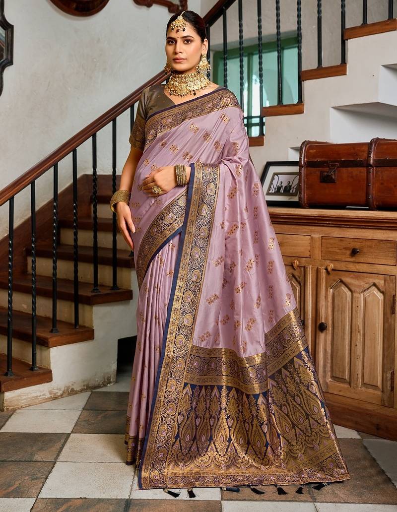 Lavender floral print silk blend paithani saree with blouse