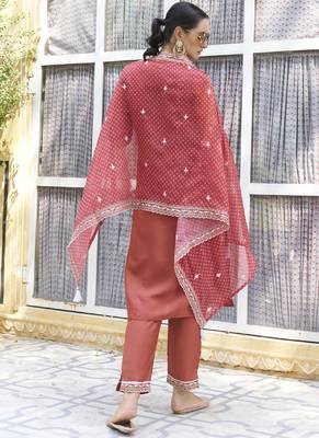 Red embroidered blend silk salwar suit 3