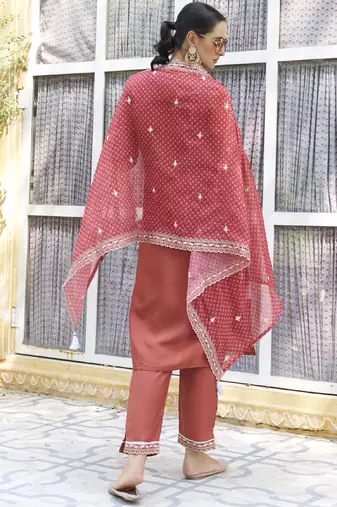 Red embroidered blend silk salwar suit