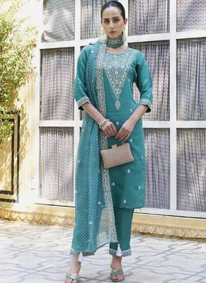 Dark-turquoise embroidered blend silk salwar suit 1