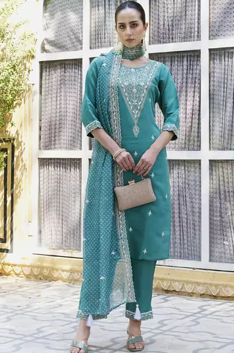 Dark-turquoise embroidered blend silk salwar suit