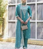 Dark-turquoise embroidered blend silk salwar suit