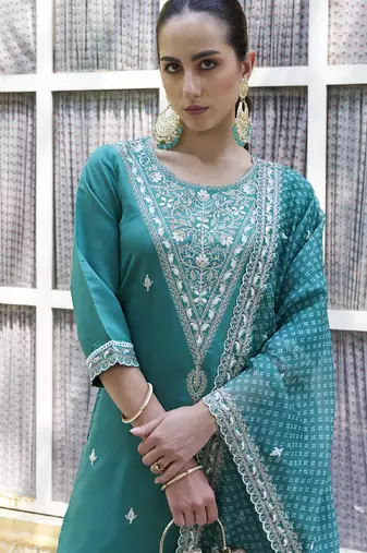 Dark-turquoise embroidered blend silk salwar suit